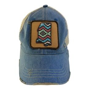 Headmost Mississippi Beaded Patch Distressed Denim Trucker Hat Blue Tan Snapback